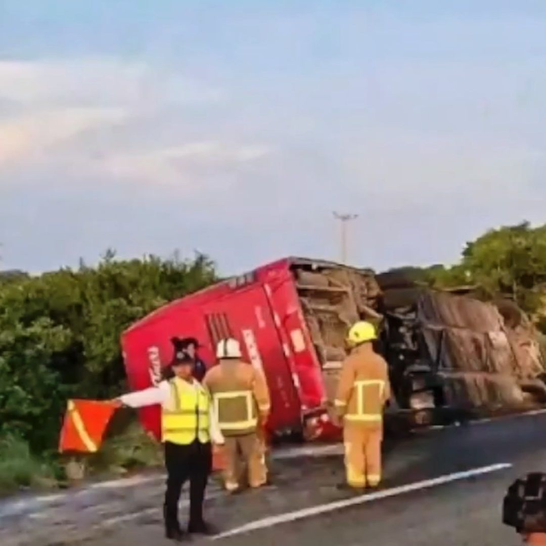 Así quedó el camión tras volcar en la carretera.